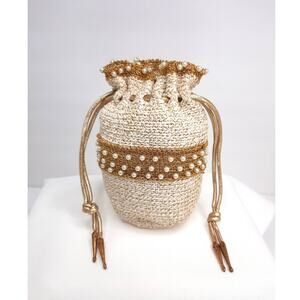 Vintage Pearl Beaded Drawstring Purse Gold Threads Tassels Cream Crochet RARE